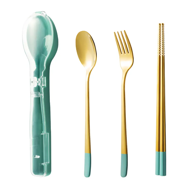 New design 3Pcs flatware Set with Case 304 Stainless Steel Portable Spoon Chopsticks Set Gold Travel Cutlery Set