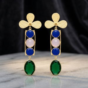 Pendientes Largos de Cuarzo Multicolor, Azul, Rosa, Calcedonia, Verde, Diseño Floral, Chapados en Oro, Joyería Étnica - Product Image 3