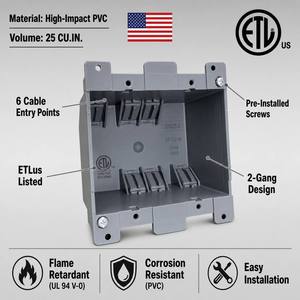 Caja <span class=keywords><strong>de</strong></span> conexiones eléctrica empotrada <span class=keywords><strong>de</strong></span> PVC <span class=keywords><strong>de</strong></span> 2 módulos, homologada ETL, <span class=keywords><strong>de</strong></span> 25 pulgadas cúbicas, <span class=keywords><strong>de</strong></span> plástico, estándar, para reacondicionamiento, para interruptores y tomas <span class=keywords><strong>de</strong></span> pared - Product Image 3