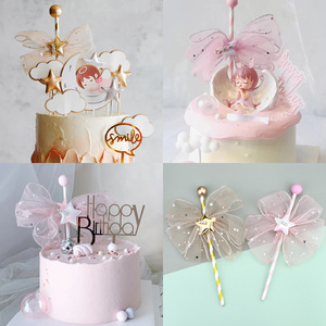 Mesh Lace Star Bow Fairy Wand Cake Topper Birthday Party Decoration Handmade Girly Princess Plug In - Product Image 5
