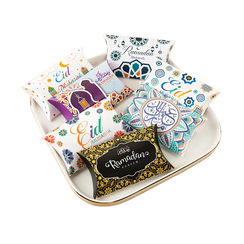 Eid Mubarak Pillow Candy Box For Cookie Snack Packaging Gift Box Ramadan Muslim Buddhists Party Favor Decoration Custom Logo