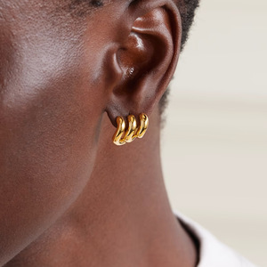 Geometric Wave <b>Stud</b> <b>Earrings</b> 18K Gold Stainless Steel Three Layer Irregular Design Fashion Jewelry - Product Image 4