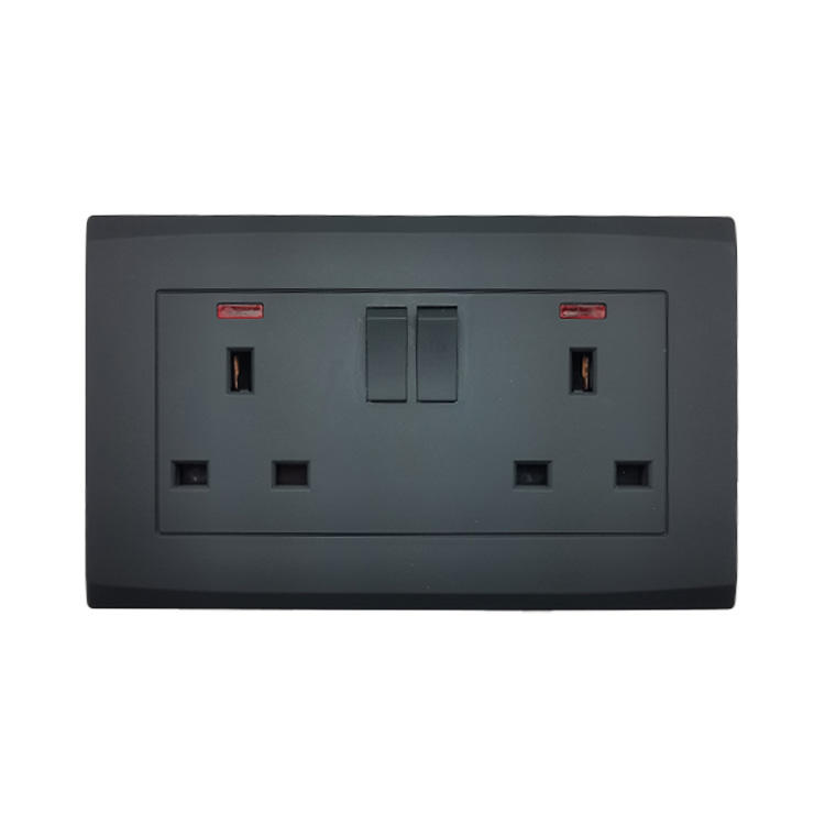 Universal China Factory Good Quality Switch Socket Wall 13A Black Panel Modern Electric Power Switch Double Socket With Neon