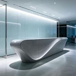 Source Factory Premium Fiberglass Front Desk Luxury Reception Counter Curved Art for Hotel Lobby - Product Image 1