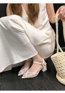 Open Toe Lace Mesh Sandals Sequins Ankle Strap <b>Block</b> Heel Party Shoes - Product Image 3