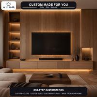 Meuble TV mural moderne OEM ODM avec panneaux grillagés en chêne et noyer, éclairage d'ambiance LED pour salon, chambre d'hôtel, appartement
