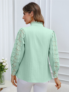 Camisa Casual de Encaje Sólido para Mujer, Primavera/Verano/Otoño 2026, Nuevo Estilo Moderno, Manga Larga, Tejida, en Existencia - Product Image 3