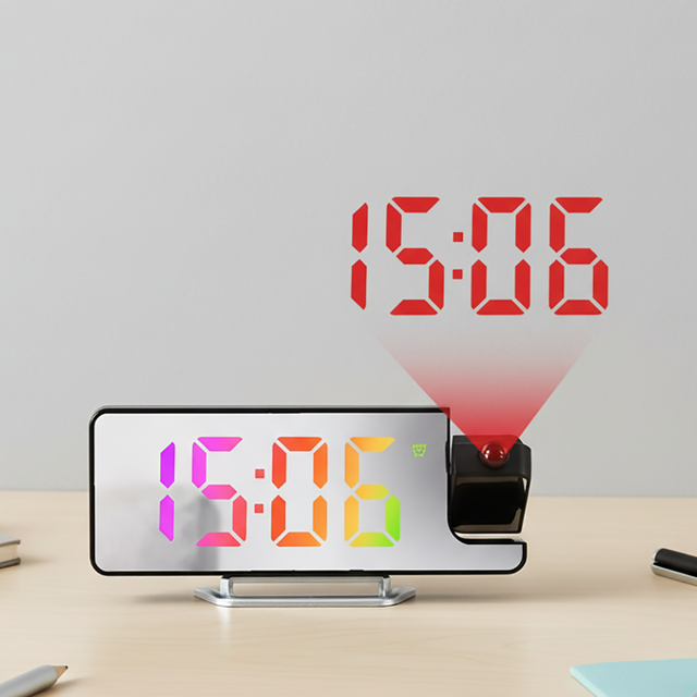 Modern Electronic LED Digital Alarm Projection Clock RGB Mirror Calendar Temperature Display Desk Table Use Home Office Bedroom