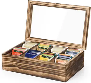 Wooden Tea Box Tea Bag Holder Kitchen Storage Chest Box for Spice Pouches and Sugar Packets with 8 Compartments and Glass Window