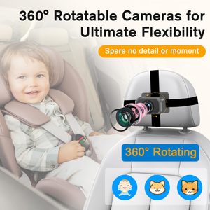 Caméra de voiture pour bébé, moniteur à écran partagé de 7 pouces, double caméra HD 720P, capteur CMOS 0,9 MP, DC 12V, vision nocturne, rotatif à <span class=keywords><strong>360</strong></span>° - Product Image 2