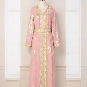 MT032欧美中东穆斯林女装新款粉色热金色时尚派对长袍