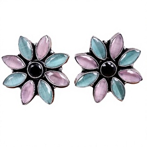 wholesale Handmade Brass Sunflower <b>Cat</b> Eye Glass Stud <b>Earrings</b> Colorful Flower Statement <b>Earrings</b> for Women - Product Image 1
