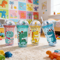 Gourde à paille pour enfants 480 ml motif dinosaure - Sûre pour l'eau bouillante avec couvercle et en plastique écologique, compatible lave-vaisselle - Idéale pour la rentrée scolaire