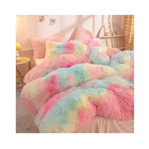 Cầu Vồng Màu Sắc Faux Lông Nhung Fluffy Sang Trọng Mềm Mại Bộ Đồ Giường Tấm Ga Giường Đặt 4 Miếng Ấm Áp Cho Các Cô Gái