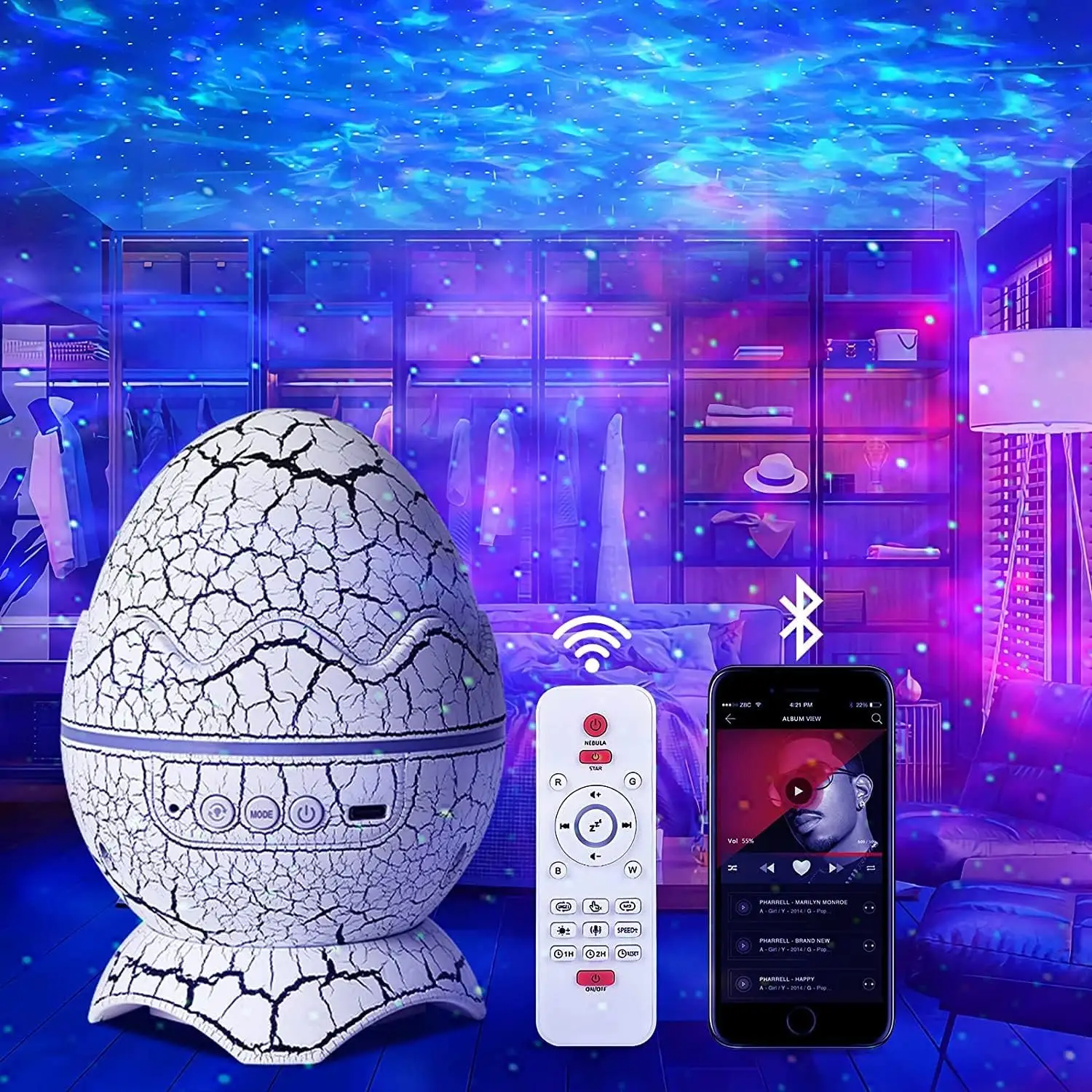 Dinosaur Egg Star Projector com Bluetooth Music Speaker Ocean Wave Night Light com Galaxy Sky para crianças Adult Room Decor