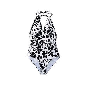 Costume da bagno intero da donna Buonic con stampa floreale bianco e nero, scollo all'americana, taglia 42 44 46 48 50 - Product Image 1
