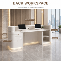 Bureau de réception moderne personnalisable de luxe minimaliste avec motif marbré, façade en bois courbé, éclairage LED, écologique, durable, pour salle de sport, hôtel