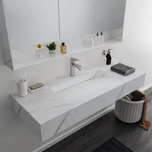Meuble mural moderne à surface unie comptoir lavabo à la main évier en pierre artificielle motif vanité de salle de bain bassin de salle de bain