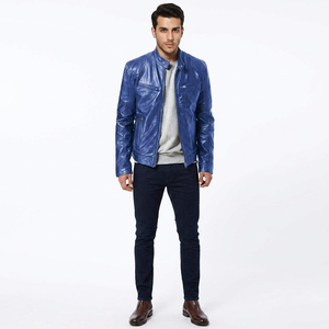 Finer Threads <b>Men's</b> Vintage Style Genuine <b>Leather</b> <b>Jacket</b> Breathable Streetwear Fashion Solid Blue Autumn Season - Product Image 1