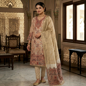Silk Embroidered Stretchable Moisture Wicking Quick Dry Unstitched Floor-Length Wrinkle-Free Salwar Suit Set Women Kurta Dupatta - Product Image 1