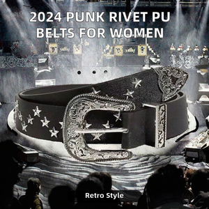 2024ヴィンテージパンクロックスターウエストベルト女性用3.3cm幅PUレザー合金バックル付きジーンズパンツ用新スタイル - Product Image 2