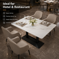 Table à manger moderne en pierre frittée, aspect marbre, base en métal noir, rectangulaire avec coins arrondis, pour hôtel, restaurant, OEM personnalisé