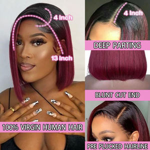 Peluca con malla frontal HD sin pegamento prearrancada Ombre 1B 99J Cabello natural vietnamita virgen crudo Super Double Drawn <span class=keywords><strong>Bob</strong></span> Pelucas Cabello humano - Product Image 4