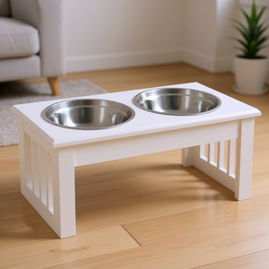 Station d'alimentation élégante pour chien en bois blanc avec 2 bols en acier inoxydable et base antidérapante pour animaux de compagnie - Product Image 2