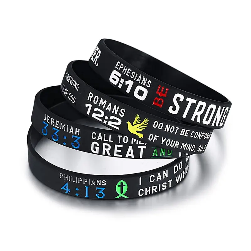 Bracelet personnalisé en Silicone, 4 bracelets religieux, couleur noire, Sport décontracté, enroulé en caoutchouc, versets de la Bible, offre spéciale