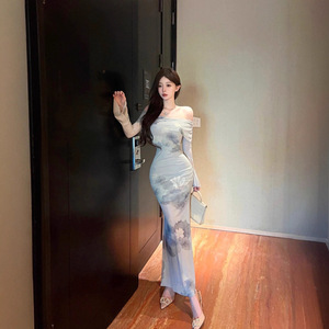 Off Shoulder Mesh Long Sleeve Dress Women Summer Slim Fit Bodycon Fishtail Printed Flower Chinoiserie Evening Dress - Product Image 3