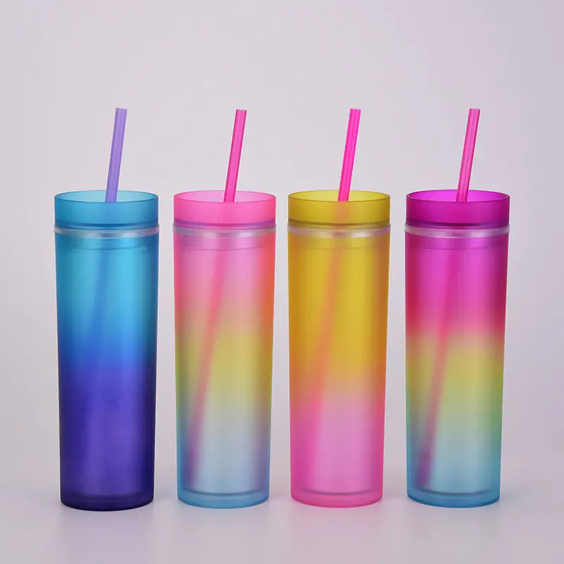 2024 Hot Sales Rainbow Color Double Cups Wall Matte Reusable Skinny 473ml /16oz Plastic Tumbler With Straw