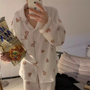 Conjunto de <span class=keywords><strong>Pijama</strong></span> Personalizado para Mujer, Otoño <span class=keywords><strong>Invierno</strong></span>, Manga Larga, Cárdigan, Pantalones, Estampado de Amor, Estilo <span class=keywords><strong>Burbuja</strong></span> Arrugada, para Uso en el Hogar - Product Image 1