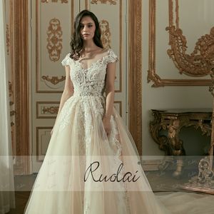 Ruolai ZW01002 elegante camicia Vintage manica Champagne cattedrale abito da ballo in pizzo abito da sposa modesto abito da sposa - Product Image 4