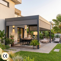 Pergola murale en aluminium avec stores gris et fauteuil suspendu pour balcon, patio, jardin tropical - Télécommande électrique