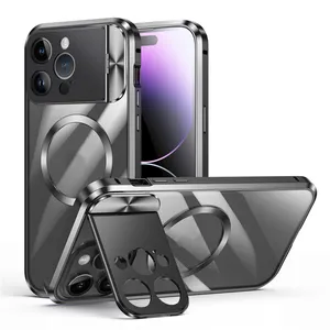 适用于iphone 15 14 pro plus支架镜头透明外壳，带摄像头护罩和翻盖豪华外壳，适用于iphone 15 promax铝制