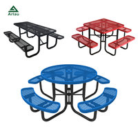 Table de pique-nique ronde en métal expansé robuste pour l'extérieur, avec bancs, mobilier de patio extérieur, table et chaises en acier