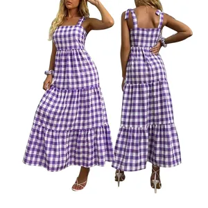 100% Cotton Gingham Women Sleeveless Dress Tie Shoulder Square Neck Maxi Standard Tiered Dresses
