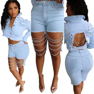 Hot selling Women's denim shorts sexy nightclub hole chain washed jeans (pants only) women's short jeans2020