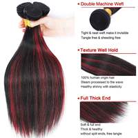 Extensions de cheveux humains vierges bruts vietnamiens, lisses, avec closure en dentelle à cuticules alignées, mèches ombrées 1B/99J rouge bordeaux avec mèches