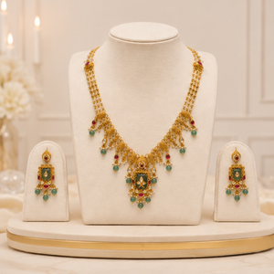Gold Plated Trendy Kundan <b>Necklace</b> and Dangle Earrings <b>Set</b> with Freshwater Pearl Green/Red Stones for Women's <b>Wedding</b> Ceremony - Product Image 3