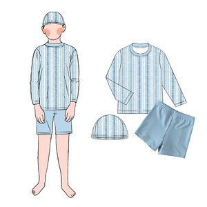 Good Quality Wholesale Summer Cool Comfortable 3pcs Set Boys <strong>Long</strong> Sleeves Striped Swimsuit <strong>Shorts</strong> and <strong>Swim</strong> Cap Set for Kids Boy - Product Image 2