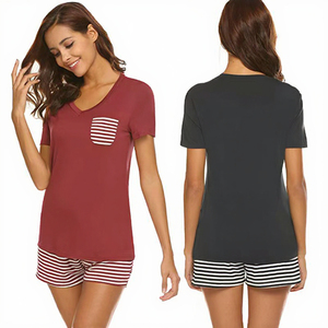 Conjunto de pijama de algodón para mujer, cuello en V, rayas, manga corta, ropa de dormir de verano elegante para otoño y primavera - Product Image 3