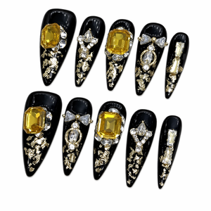 Luxury Stiletto Press <b>Nails</b> Handmade PMMA Full Cover Rhinestone Zircon COFFIN Shape Long Finger <b>Extensions</b> CE Certified 10 Pcs - Product Image 1