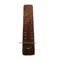 Support d'encens en bois écologique et durable, tendance du moment, avec récupérateur de cendres et incrustations en laiton motif lune et étoile, pour la méditation aromatique et le bureau