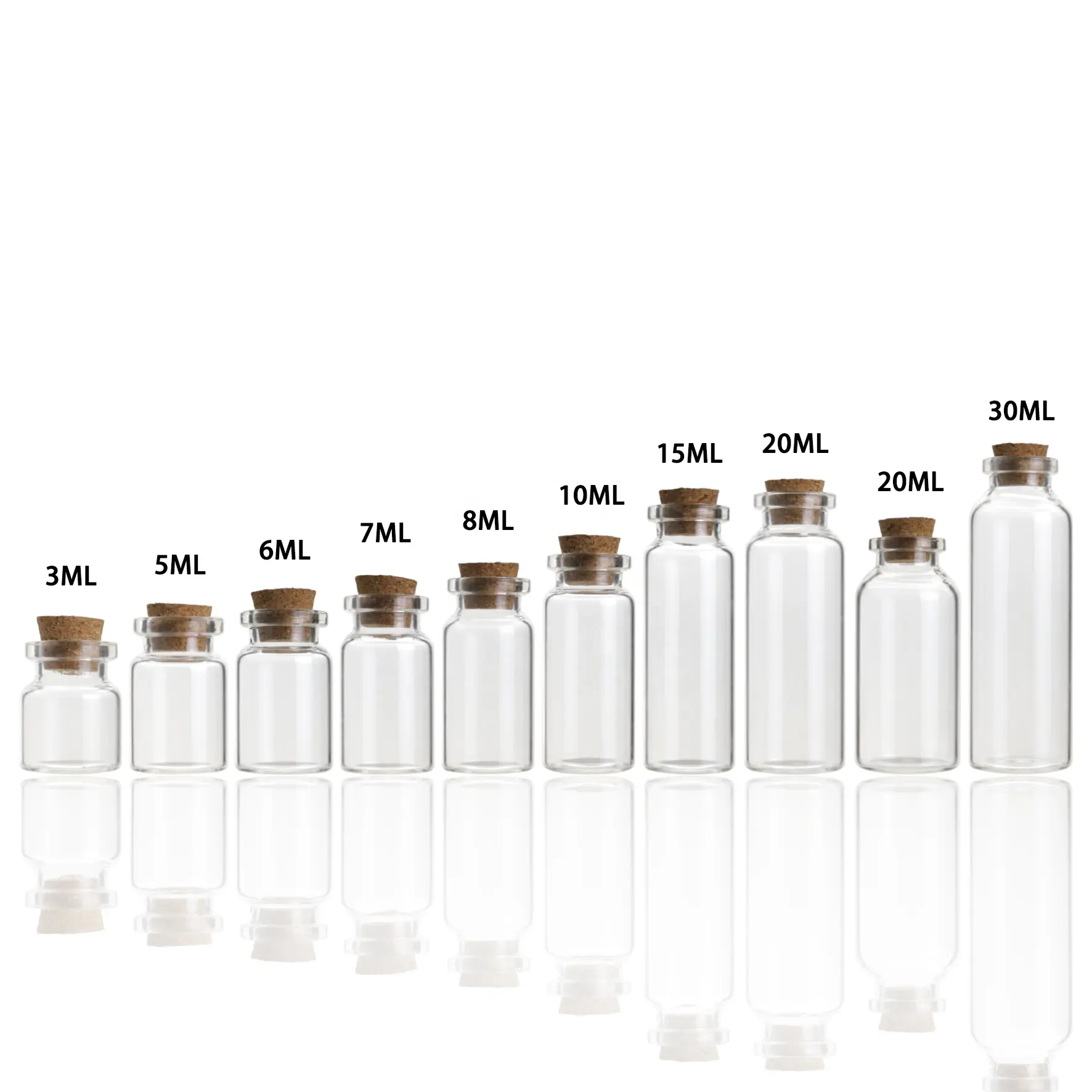 3ml 5ml 6ml 7ml 8ml 10ml 15ml 20ml 30ml glass vial bottle cork, mini glass bottles and wooden cork wholesale