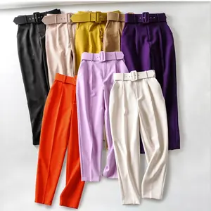 latest design multi colors waist belt straight trousers women high waist pants