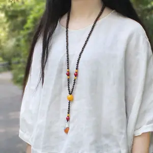 2024 New Hot Selling Ethnic Style Chicken Wing Wooden Sweater Chain Buddha Bead Necklace for Women Accessories Fashion Jewelry