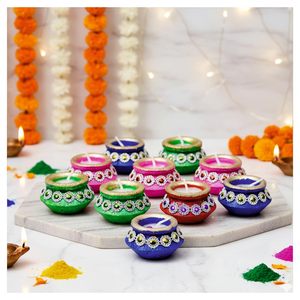 Juego de 10 Lámparas Decorativas Hechas a Mano, Matka Mitti Diyas, Coloridas y Pintadas a Mano, para Decoración del Hogar, Templo o Estante - Product Image 2