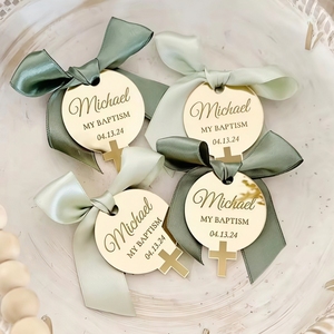 Étiquettes circulaires en acrylique gravées personnalisées, cadeaux de baptême, de communion ou de Noël pour bébé, modernes, simples, faits à la main, religieux - Product Image 1
