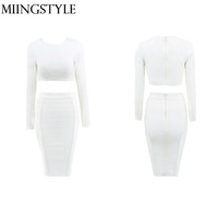 Ensemble élégant blanc deux pièces pour femme : haut à manches longues et jupe bandage, style chic pour le bureau et les soirées